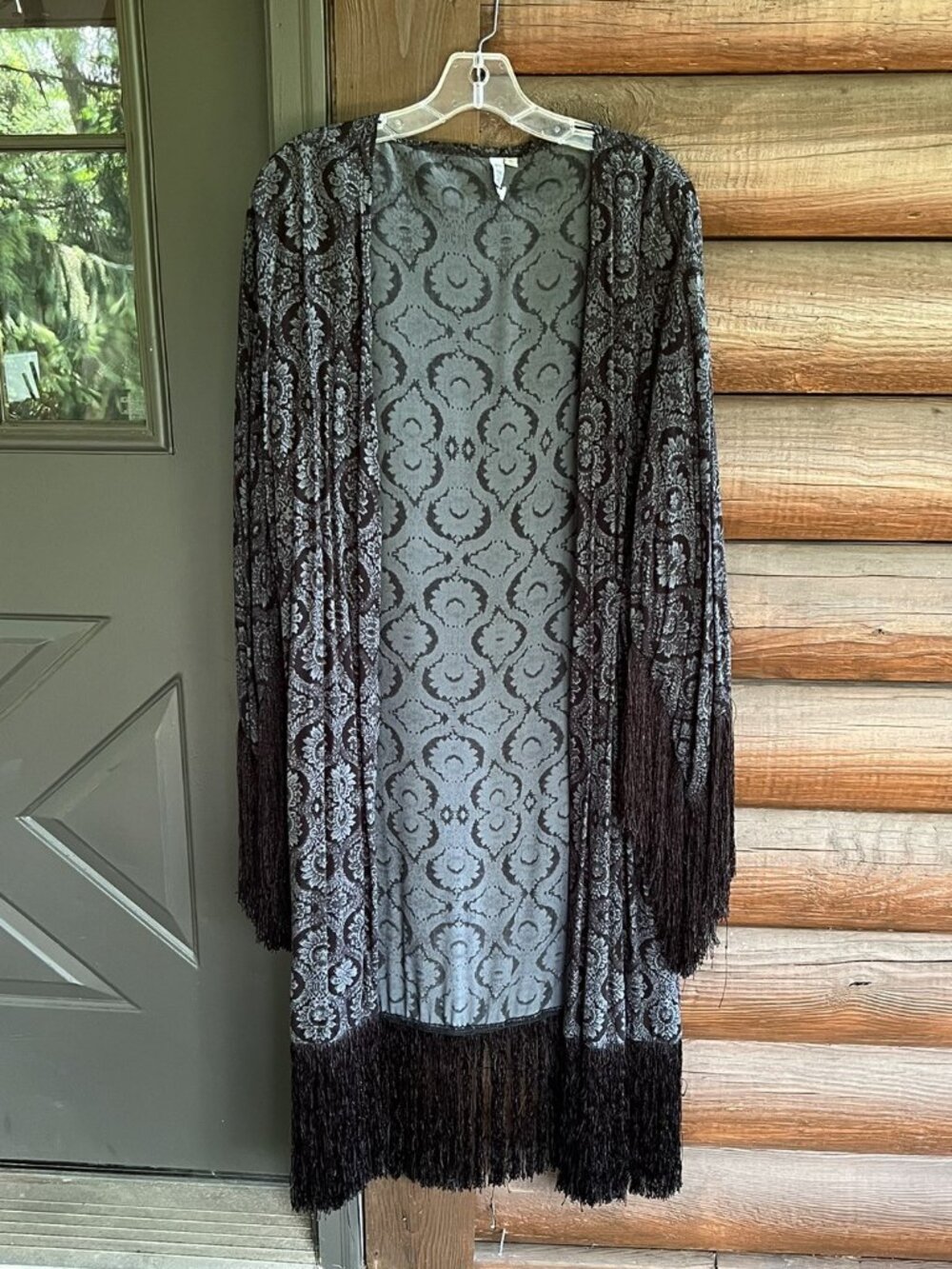 LENNI Soft Handmade Black/Blue Jacquard Open Front Duster w/Long Black Fringe OS